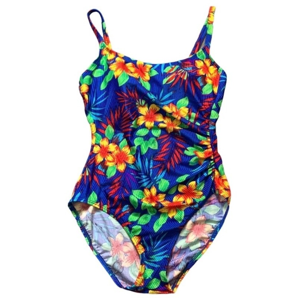 Vintage 80s Retro Tropical One Piece Swimsuit Womens M Floral Vibrant Colorful